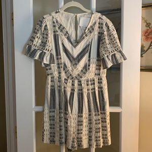 Anthropologie White and Blue/Gray Romper with Lace Detail